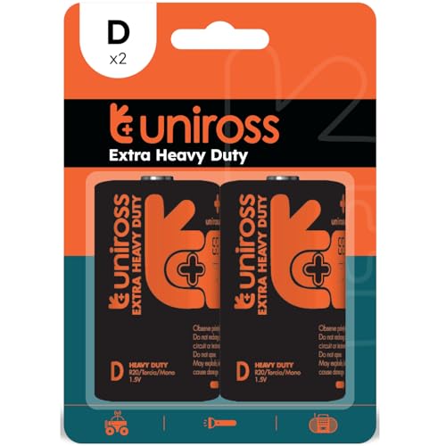 Uniross R20 Battery Size D Type Zinc 1.5V 2 Pack. Mercury and Cadmium Free. Extra Heavy Duty