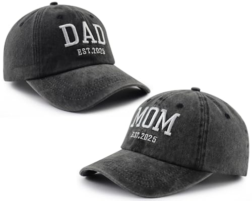 Image of 2PCS Mom and Dad EST 2025 Hat for Women Men, Funny Adjustable Cotton Embroidered New Parents Gifts Baseball Cap