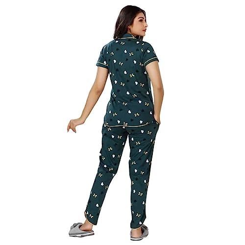 Image of Foxy Night Dresses for Women Cotton Night Wear Loungewear Printed Button-Closure Collar Shirt and Pyjama Set Comfortable Sleepwear Two Piece Night Suit Casual Wear