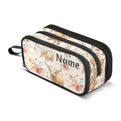 Image of Custom Cute Highland Cows Flowers Pencil Case Box Boys Girls Personalized Name Large Pencil Pouch Stationery Pen Bag Organizer for Kids Adults School Office