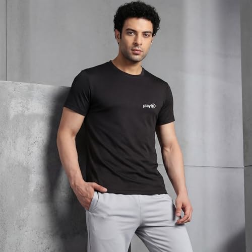 Image of playR Men's Polyester Adult Training Tee - Round Neck Half Sleeve Regular Fit DRIVENT, Lightweight Breathable Activewear for Gym Running Workout Yoga All Season