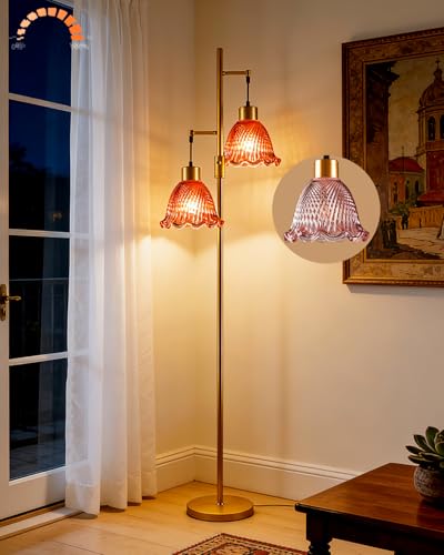 Lampadaire moderne à 2 lumières en verre, grand lampadaire doré avec abat-jour en verre rouge foncé pour la lecture, lampadaire LED à intensité variable avec interrupteur rotatif pour salon, chambre à
