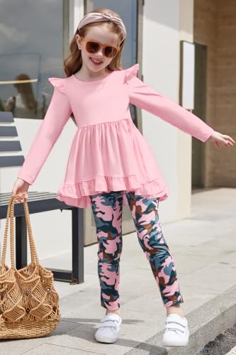 Image of Arshiner Toddler Girl Clothes Ruffle Trim Long Sleeve Pullover Top and Floral Print Leggings Fall Outfits Kids Clothing Sets
