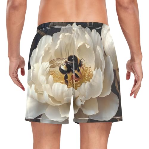 Mens Swim Trunks with Liner, Bee Floral White Cool Quick Dry Beach Swim Shorts, Swimwear Bathing Suits S2