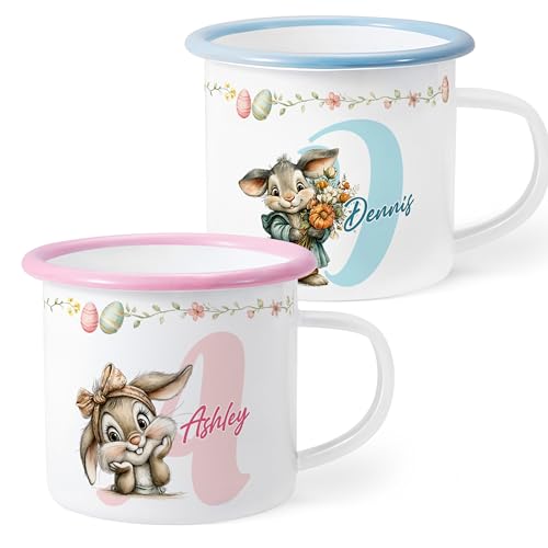 callie moment Personalized Easter Coffee Mugs, Custom 12oz Bunny Enamel Camping Cup with Name & Initial for Hot Cocoa Coffee Milk Tea Drinks, 6 Color Options, Easter Party Favor for Kids