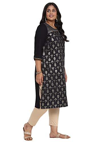 Image of Aurelia Women's Viscose Straight Fit Ornamental Round Neck Straight Kurta