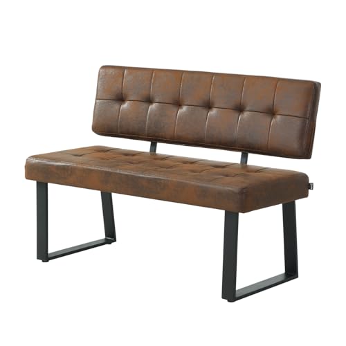 B&D home® Sitzbank Sigfrid 120 cm – Esszimmerbank mit Rückenlehne, gepolsterte Sitzbank in Lederoptik Braun, stabiles Metall-Kufengestell, modernes Design – Bank für Esstisch/Küche/Flur