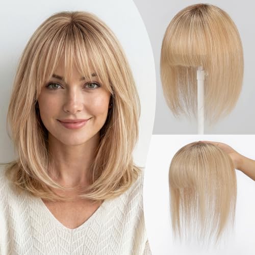 EMMOR Postizo Cabello Real 10' Mujeres – Base Encaje Suizo Mejorada, 3 Clips, Flequillo Clip-in 4.5'x3' para Cabello Fino y Cobertura de Pérdida Capilar