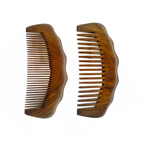 NYGGTYK 2 peines de madera de sándalo, peine de madera de sándalo hecho a mano, peine de madera antiestática, peine de masaje de cabeza, dientes gruesos y finos, paquete combinado