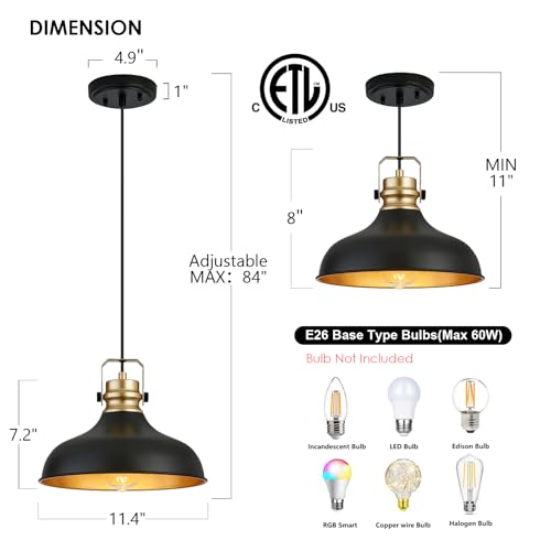 Image of Black and Gold Pendant Lights Kitchen Island Fixtures | ETL Certificate,Industrial Adjustable Height Vintage Dome Hanging Light Fixtures for Barn,Dining Room 2 Pack