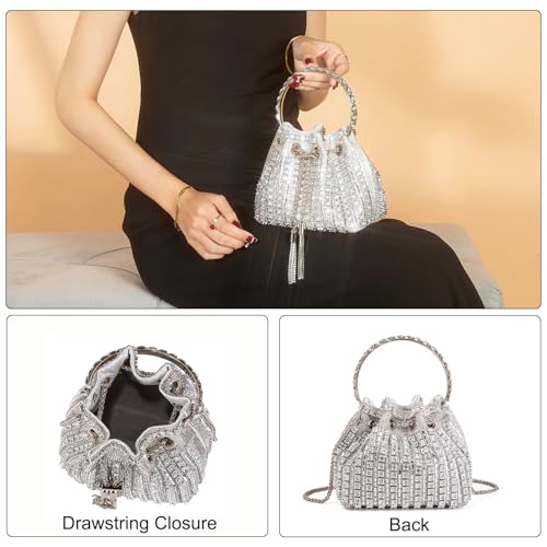 Image of Womens Silver Beaded Hobo Bag Evening Clutch Purse for Wedding Party Prom
