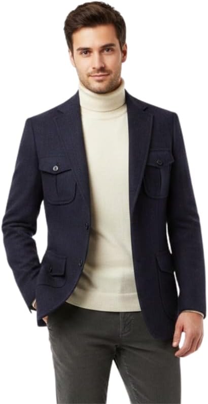 Mens Tweed Suit Jacket 2 Button Notch Lapel Blazer with Flap Patch Pockets Casual Coat for Fall Winter