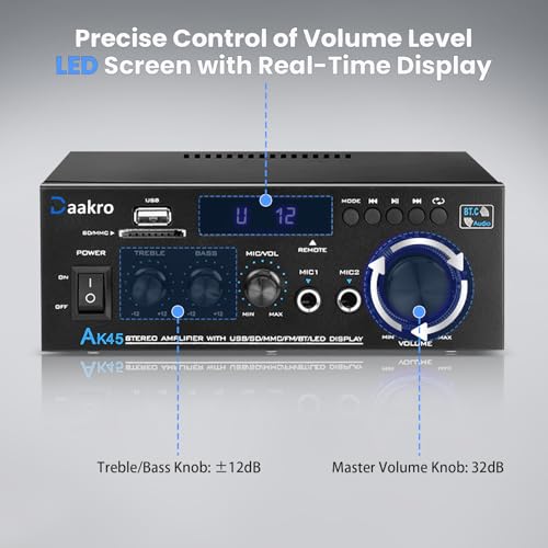 Daakro 2025 New Upgrade AK45 Home Audio Amplifier,Bluetooth Stereo Receivers,Rated Power 50W+50W Amp, TPA3116 2 Channel Power Amplifier for Home Audio Outdoor Stereo Receiver for Passive Speakers - Thumbnail 7