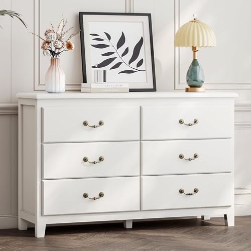 Image of SINROM White Dresser for Bedroom, Farmhouse Dresser for Bedroom, Wide Chest of Organizer Storage Drawers for Living Room, Hallway, Entryway (White, 6 Drawer)