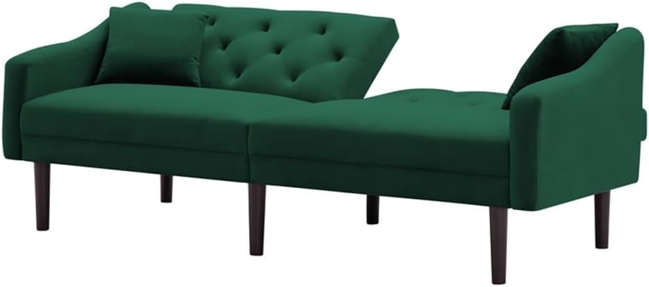 Armrest, Tufted Backrest and Tapered Solid Rubberwood Leg Sofa Bed, Green