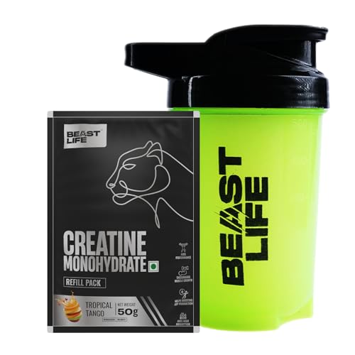 Image of Beastlife Pure Super Micronised Creatine & Shaker Pack | 50 g | 13 Servings | Tropical Tango | NABL Lab Tested | Rapid Absorption for Muscle Strength & Athletic Performance | Super Micronised Creatine Powder