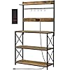 Topeakmart 63" H Baker's Rack for Kitchen with Power Outlet and Metal Frame, Microwave Stand Coffee Station with 5 S Hooks, X Designed Utility Storage Rack w/Open Shelves, Rustic Brown