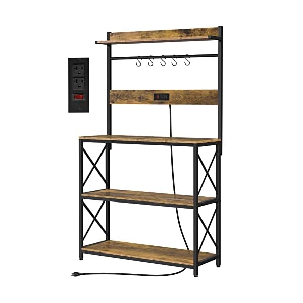 Topeakmart 63" H Baker's Rack for Kitchen with Power Outlet and Metal Frame, Microwave Stand Coffee Station with 5 S Hooks, X Designed Utility Storage Rack w/Open Shelves, Rustic Brown
