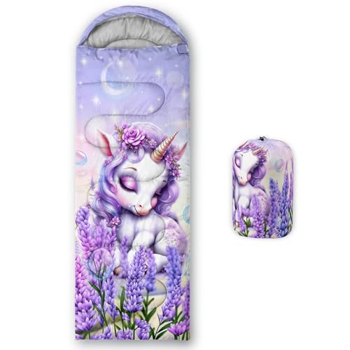 UEVBF Cute Unicorn Lavender Printed Sleeping Bag for Kids Girls,Lightweight Waterproof Sleeping Bag for Outdoor Hiking Camping Gear.