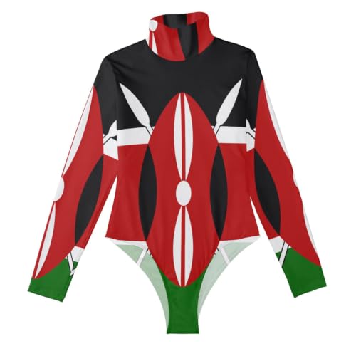 Body manga larga para mujer GuoChe con bandera de Kenia y cuello alto moldeador