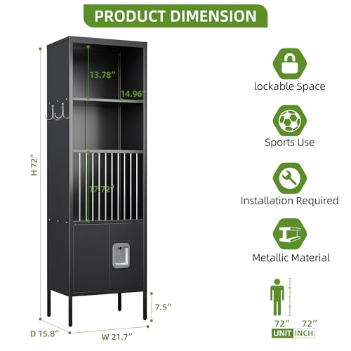 Image of Aobabo 72 inch H Metal Sports Lockers for Stores Sports Gear Footballs, Rugby Balls and Tennis,Storage Lockers for School, Gym, Black, Assembly Required
