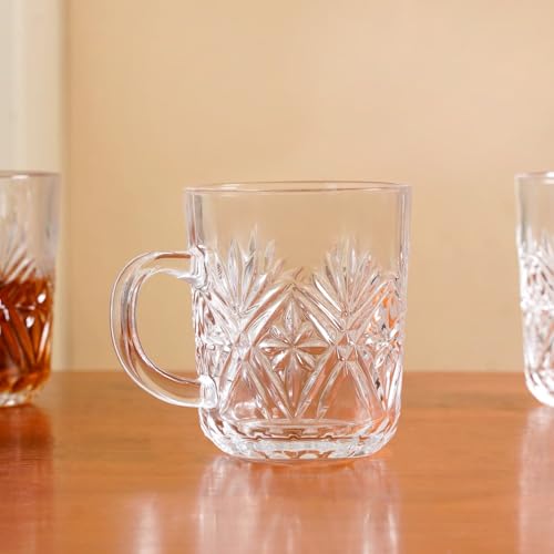 Image of Nestasia Set of 6 Transparent Glass Tea Cups (230ml Each) - Diamond Embossed Durable & Chip-Resistant Coffee Mugs | Perfect for Coffee, Tea, Hot & Cold Beverages