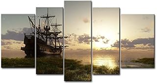 Ship in The Lake Sunset Wall Art Decor Painting 5 Panel Seascape Prints