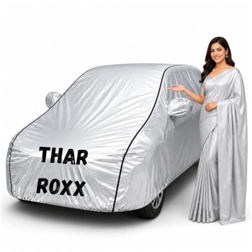 Image of Waterproof Car Body Cover for Thar Roxx All Weather Protection Comes with Inner Cotton Lining & Triple Stitched with Mirror & Antenna Pocket Belt & Elastic Fit Metallic Silver with Black Piping