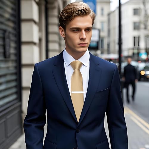Image of YourTies Skinny Ties for Men Satin 2.4 inch Slim Necktie with Pocket Square Tie Clip Set Solid Color Wedding Party Business