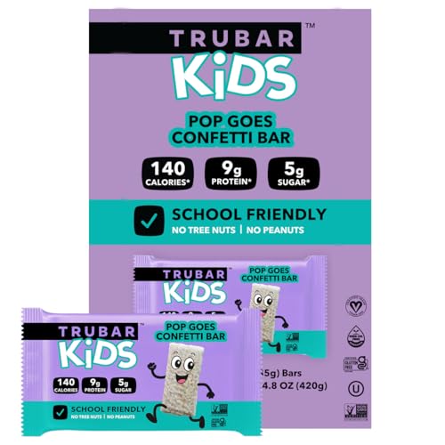 TRUBAR Kids Protein Bars Pop Goes Confetti Plant Based Protein Gluten Free School-Friendly Snacks for Lunchboxes Tree Nut and Peanut Free Low Sugar Healthy On the Go Snack Bars 12 Count