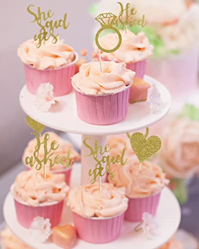 Hidori 24 Pcs He Asked She Said Yes Cupcake Toppers For Engagement Party, Gold Glitter Bridal Shower Decorations With Heart Diamond Ring, Bachelorette Food Picks (W-A6/ Gold) #TOP4