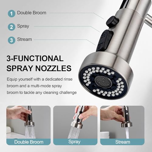 Image of Kitchen Faucets with Pull Down Sprayer, Brushed Nickel Stainless Steel Single Handle Pull Out Spring Sink Faucet, 3 Function Sprayer 1 or 3 Hole Deck Plate for Farmhouse Laundry Rv Bar