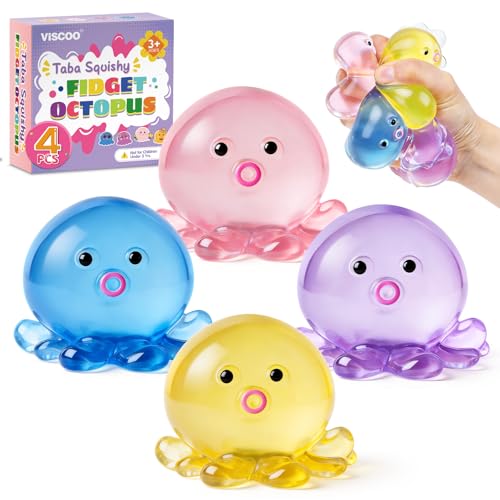 VISCOO 4 Pack Octopus Stress Balls for Adults Kids Slow Rising Squishy for Anxiety Stress Relief Cute Squeeze Ball for Party Favors/Taba Squishy for Classroom Prize Birthday