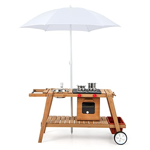 GOPLUS Cuisine d'Extérieur Evolutive en Bois avec Roues, Chariot de Cuisine d'Extérieur Enfants, Parasol, Four, Boîte de Rangement Amovible, Accessoires Inclus, Table Picnic pour Enfant 3+ Ans, Blanc