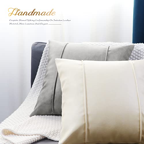 Image of BRAWARM Cream Leather Throw Pillow Covers 22 X 22 Inches - Faux Leather Pillow Cover with Piping, Hand Stitched Faux Leather Throw Pillow for Couch Sofa Bed Living Room Home Decorative