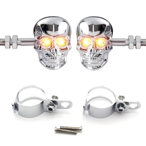 kucehiup Skull Head LED Amber Turn Signal Motorcycle Turn Signals 10mm Screw Blinkers Indicator Light Universal(Silver)