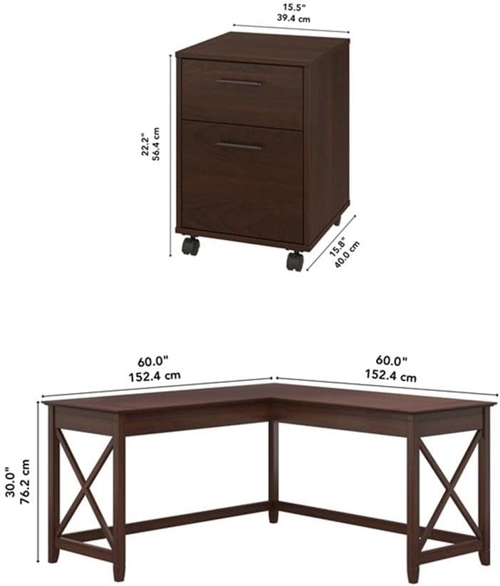 Pemberly Row 60W L Shaped Desk with 2 Drawer Lateral File Cabinet, Durable Corner Desk and Filing Cabinet, Coastal Farmhouse Style Home Office Furniture Set, X Pattern Accents, 157.7 lbs