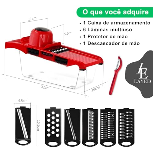 Mandolina Fatiador Multi Lâminas 6 em 1 | Corte Legumes, Rale Queijo, Faça Julienne e Muito Mais | C