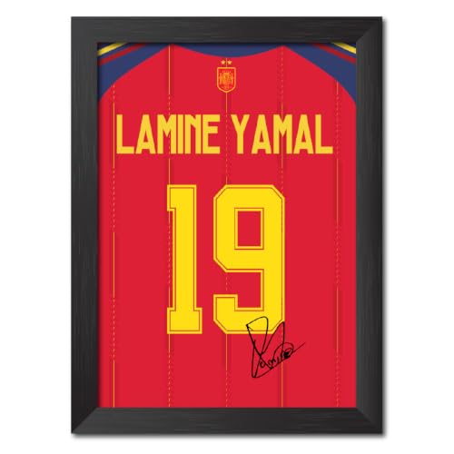 Image of TenorArts Lamine Yamal Poster Frame Spain Worldcup Jersey Laminated Photo Print Signature Framed Painting with Matt Finish Black Texture (12 inches x 9inches)