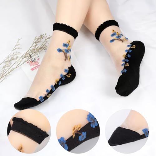 Image of DXYAKY 5 Pairs Sheer Floral Socks for Women, Lightweight Mesh Ankle Lace Socks, Breathable Summer Cute Transparent Stockings