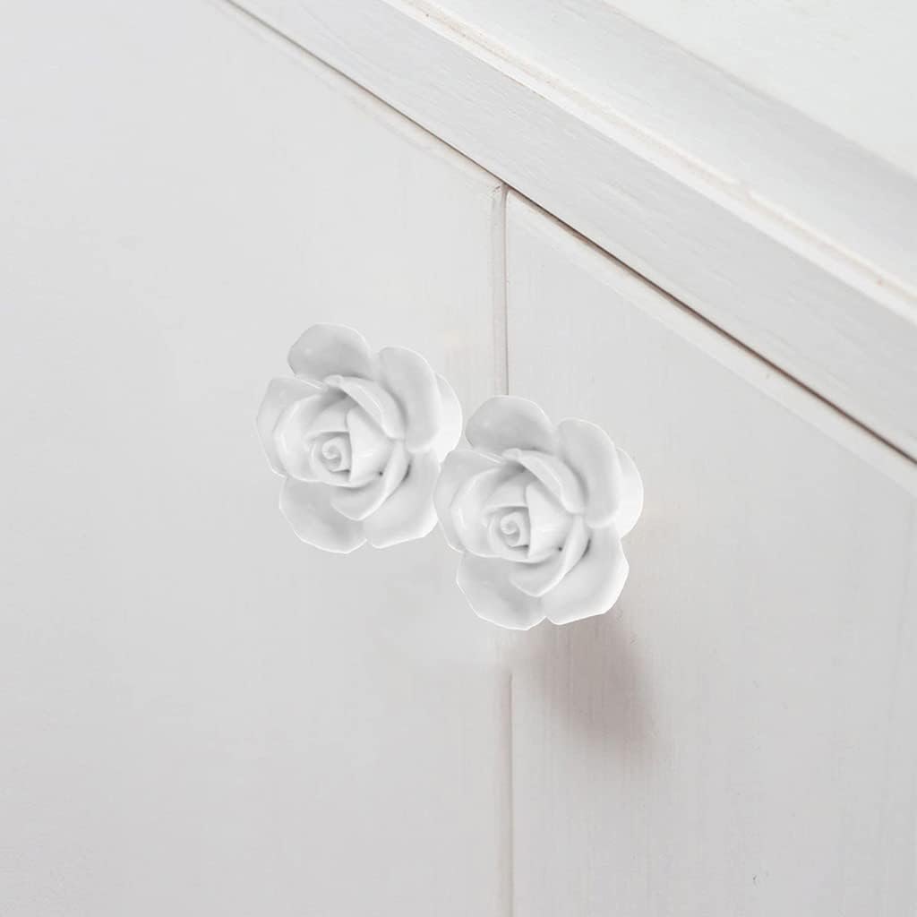 4-Pack Rose Ceramic Knobs, Rose Flower Ceramic Vintage Pulls Kitchen Cabinet Dressing Table Dresser Handles with 3 Size Screws for Girl's Room Dresser Cupboard Wardrobe (4, White)