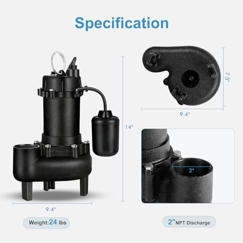 Tongchant 1Hp Portable Cast Iron Submersible Sewage/Effluent Pump With Ajustable Automatic Float Switch, 5220Gph Sump Pump For Basement Basin Residential-Sewage Pedestal thumb #5