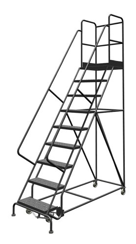 Image of Tri-Arc KDSR109246-D2 9-Step 20 inch Deep Top Steel Rolling Industrial & Warehouse Ladder with Handrails, 24 inch Wide Perforated Tread