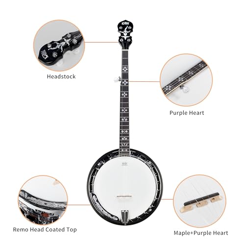 5 String Full Size Banjo Solid Back with beginner Kit Remo Head Coated Top European Maple Body Material Sapele Back Material Type Okoume Neck Material Type