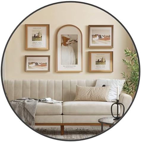 SONGMICS Runder Spiegel, Wandspiegel, Aluminiumrahmen, 91 cm | Modern, einfache Montage, für Bad, Wohnzimmer, Schlafzimmer, Flur, Tintenschwarz, BERIT Kollektion LWM105B01