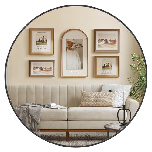 SONGMICS 91 cm d Spiegel rund runder Spiegel Wandspiegel Metallrahmen einfache Montage modern für Bad Wohnzimmer Schlafzimmer Flur Eingangsbereich tintenschwarz LWM105B01
