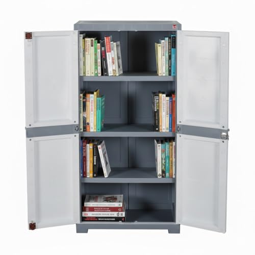 Image of Cello Novelty Big Bookshelf, White & Grey | 2 Dustproof Doors | Space Saving Cupboard | Plastic Book Shelf | Multipurpose Book Shelf for Home, Office | Book Organizer for Library