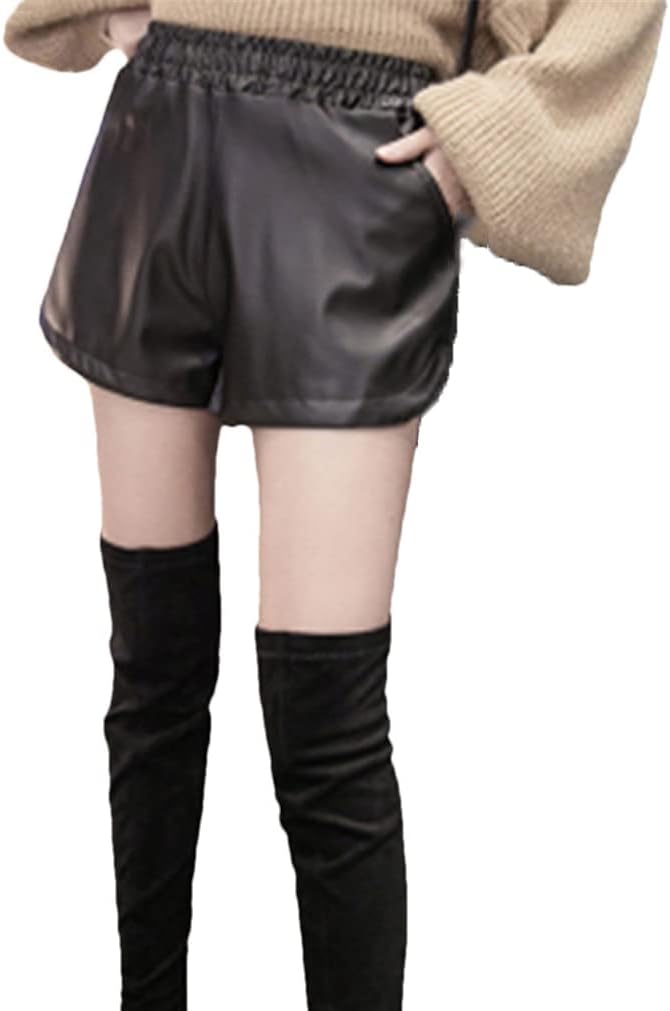 Haitpant Autumn PU Leather Shorts Women's Black Short Pants with Pockets Loose Casual Short