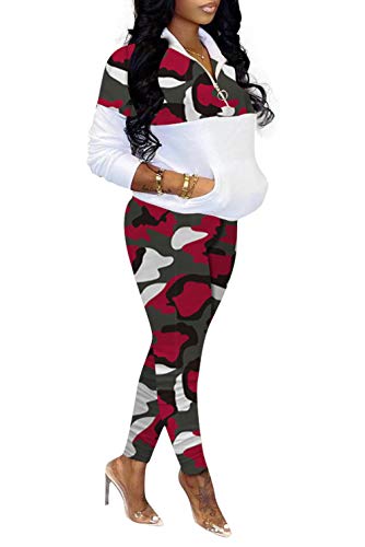 Women Plus Size 2 Piece Tracksuit Color Block Zipper Pullover Tops And Camo Pants Set Sweatsuits (Red, L) #TOP2