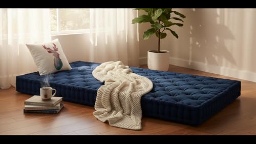 Image of ATOOTFUSION Soft Cotton Floor Box Mattress, 5-Inch Thick, Foldable, Movable, Medium Firm, Solid Colored (Navy Blue, Small Single 30X72X5 Inches)